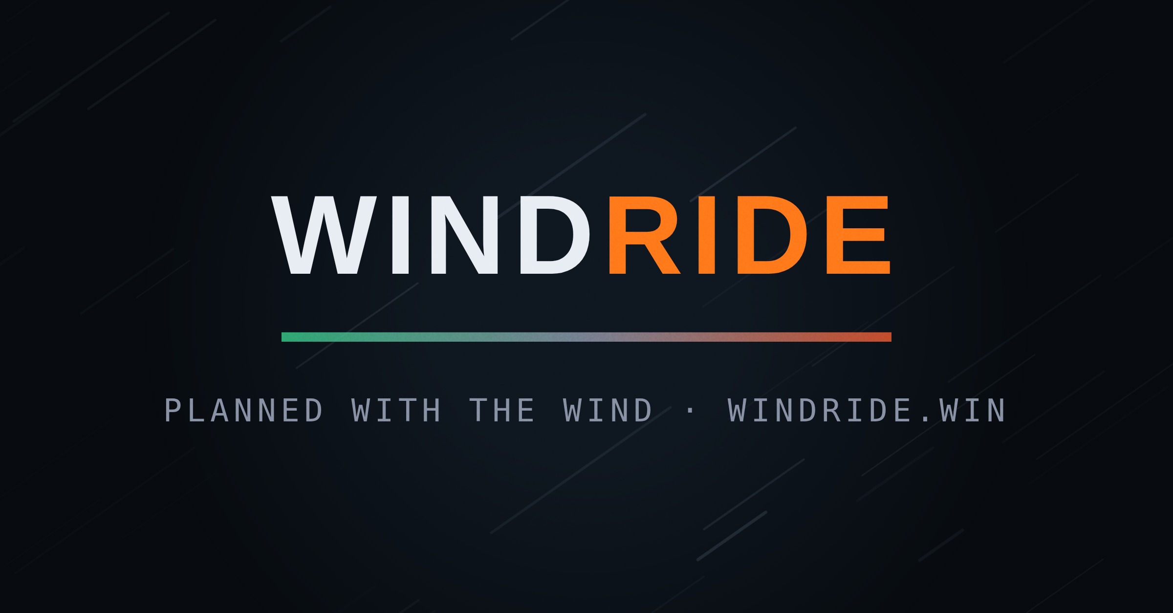 The Wind Ride wordmark over a field of wind, with the line planned with the wind, windride.win. Landscape.