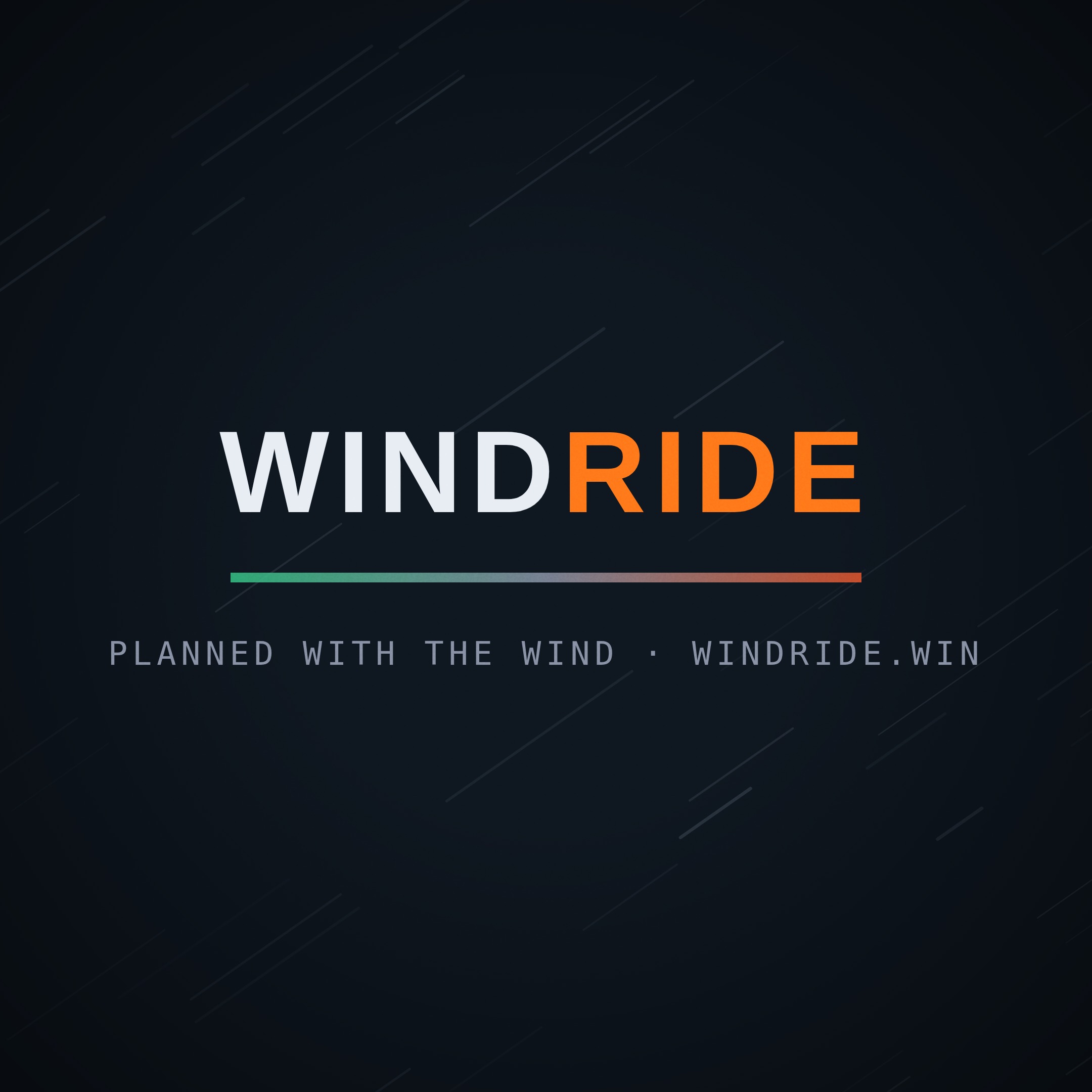 The Wind Ride wordmark over a field of wind, with the line planned with the wind, windride.win. Square.